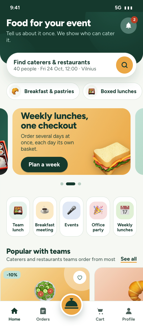 BizzChef app preview: browsing food options for a group